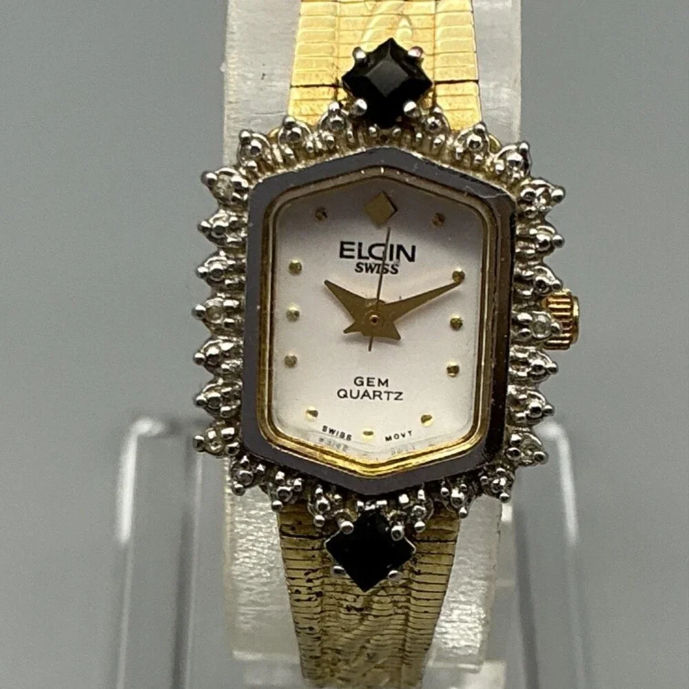 Vintage Elgin Gem Womens Watch 18mm White Dial Gold Tone Gemmed New Battery